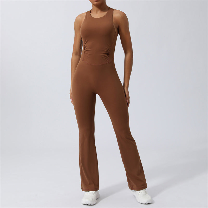 Buddha Stonesレディース ワークアウト クリスクロス ノースリーブ フレア ジャンプスーツ スポーツ フィットネス ヨガ ボディスーツ - image 1