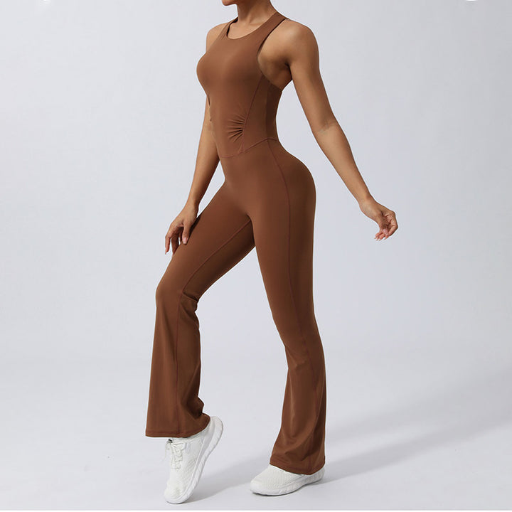 Buddha Stonesレディース ワークアウト クリスクロス ノースリーブ フレア ジャンプスーツ スポーツ フィットネス ヨガ ボディスーツ - image 3