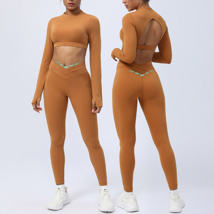 Buddha Stones 2点セット 長袖 バックレス トップ ブラ レギンス パンツ フィットネス ヨガ 衣装セット