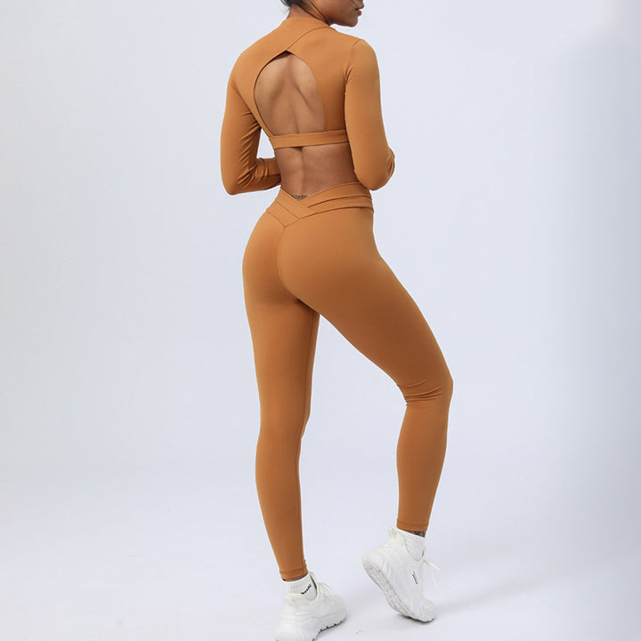 Buddha Stones 2点セット 長袖 バックレス トップ ブラ レギンス パンツ フィットネス ヨガ 衣装セット