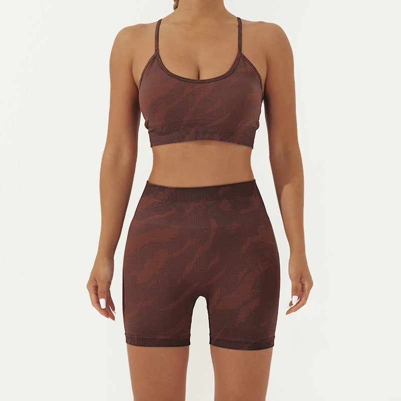 Buddha Stones 2点セット 迷彩柄 バックレス クロスストラップ トップ ブラ ショーツ レギンス パンツ フィットネス ヨガ 衣装セット - 茶色 - 2点(トップス&ショーツ) - US8-10、 UK/AU12-14、 EU40-42 (L) - image 8
