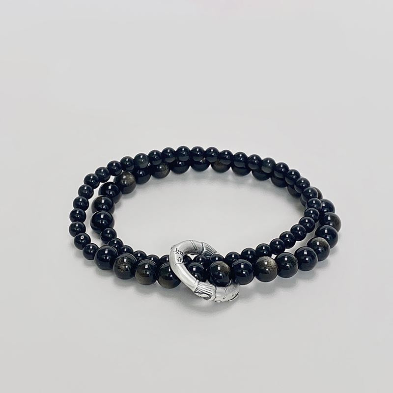 Buddha Stones999スターリングシルバー ブラックオブシディアン フルフィルメント 強度 二重層ブレスレット
