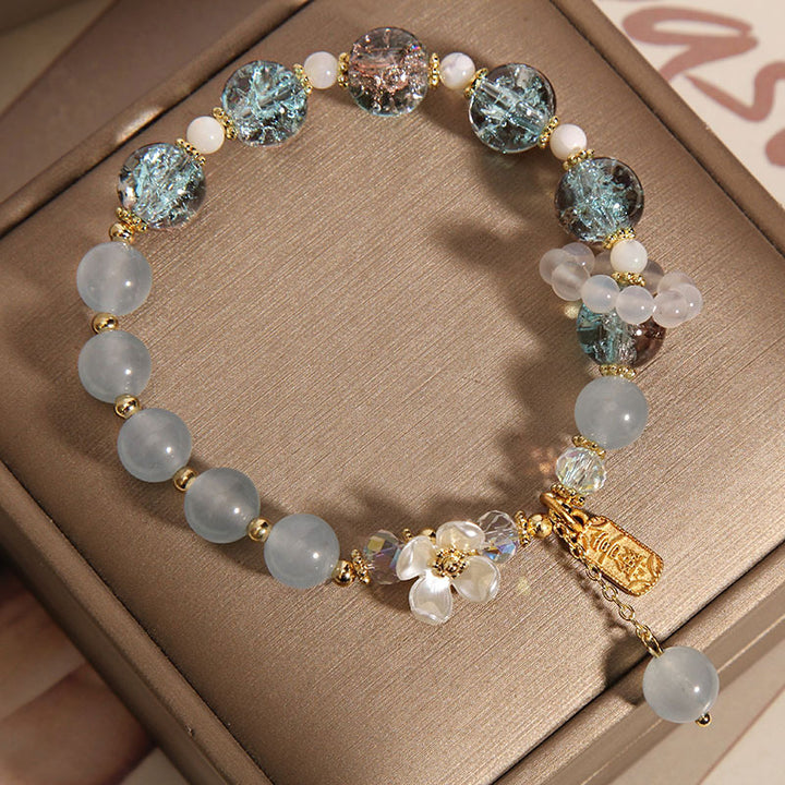 Buddha Stones 天然ブルークォーツ&アメジスト&カルセドニーフラワーモチーフ ヒーリングブレスレット