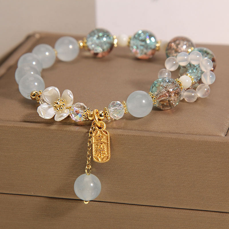Buddha Stones 天然ブルークォーツ&アメジスト&カルセドニーフラワーモチーフ ヒーリングブレスレット