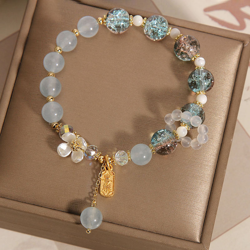 Buddha Stones 天然ブルークォーツ&アメジスト&カルセドニーフラワーモチーフ ヒーリングブレスレット