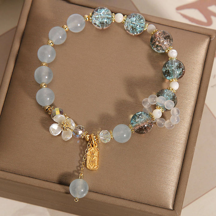Buddha Stones 天然ブルークォーツ&アメジスト&カルセドニーフラワーモチーフ ヒーリングブレスレット