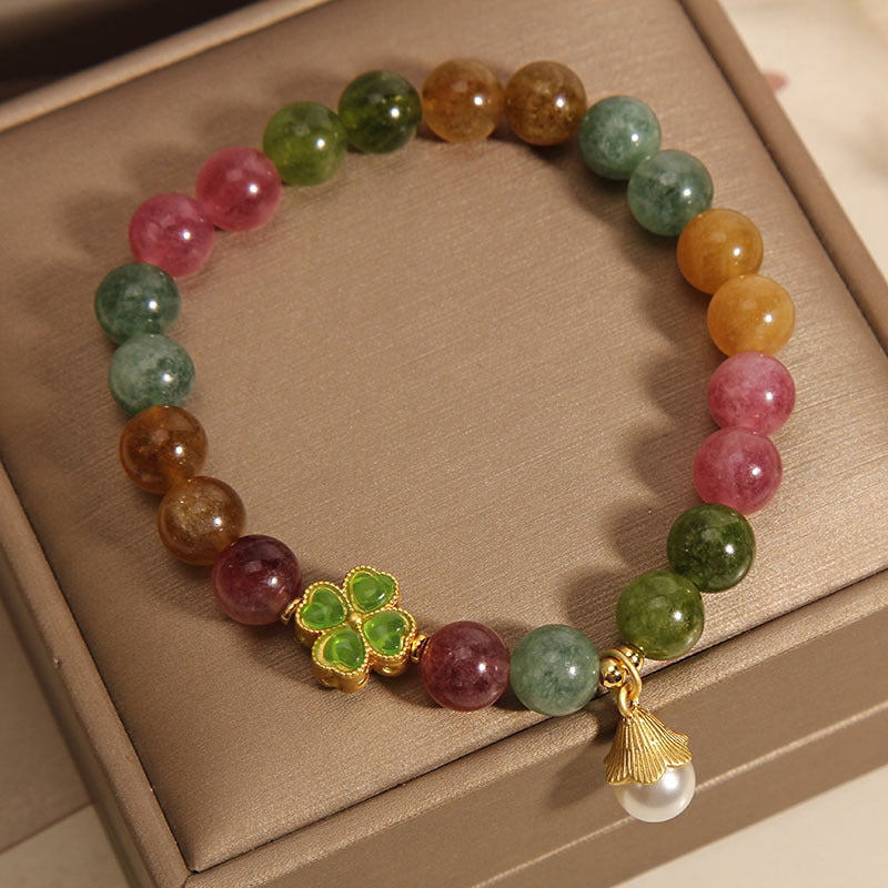 Buddha Stonesカラフルトルマリン 四つ葉のクローバー 花の知恵ブレスレット