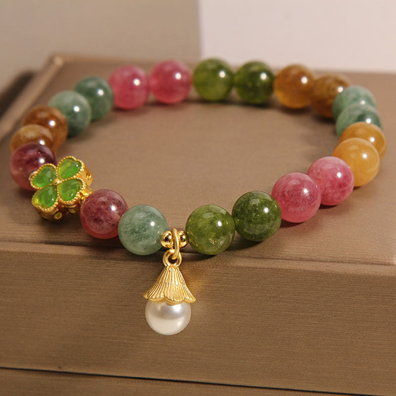 Buddha Stonesカラフルトルマリン 四つ葉のクローバー 花の知恵ブレスレット