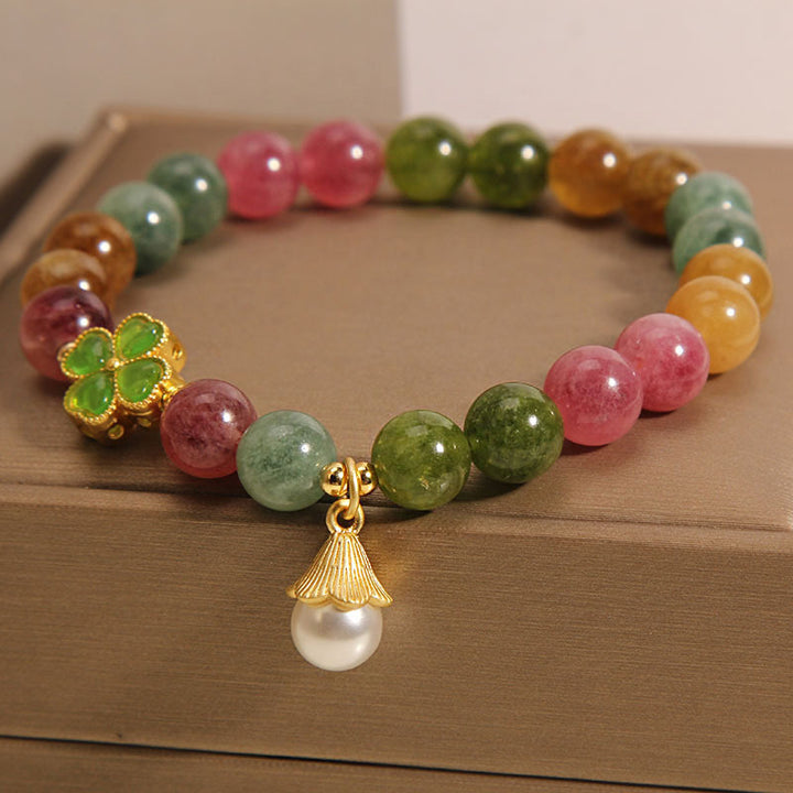 Buddha Stonesカラフルトルマリン 四つ葉のクローバー 花の知恵ブレスレット