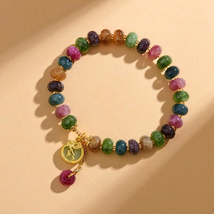 Buddha Stonesカラフルトルマリン かわいい花うさぎチャームラブブレスレット