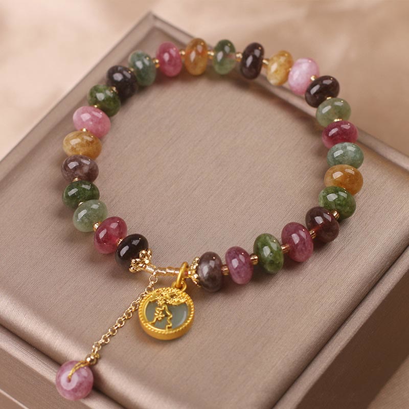Buddha Stonesカラフルトルマリン かわいい花うさぎチャームラブブレスレット