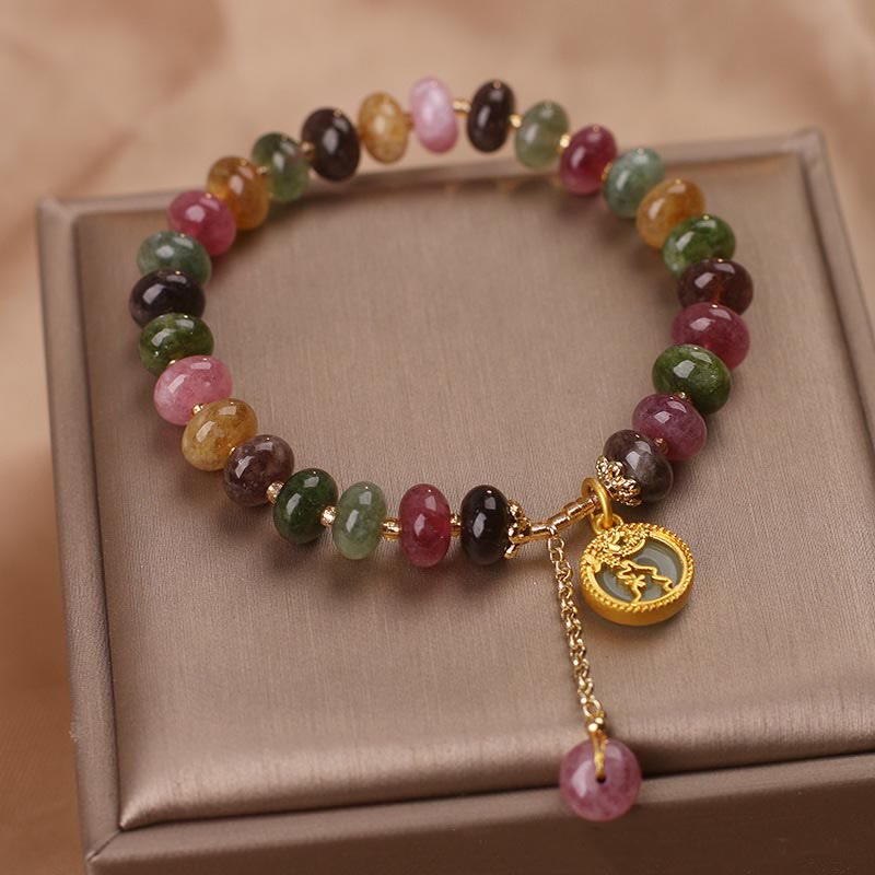Buddha Stonesカラフルトルマリン かわいい花うさぎチャームラブブレスレット