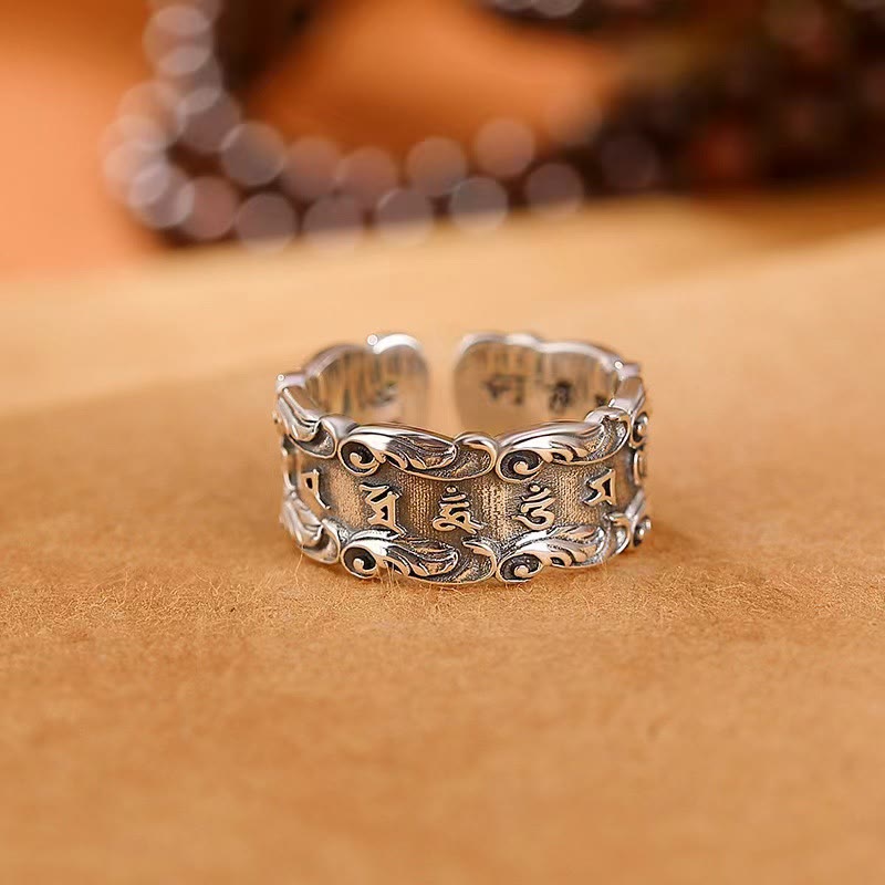 Buddha Stonesチベットのオーム・マニ・パドメ・フムデザイン平和調節リング