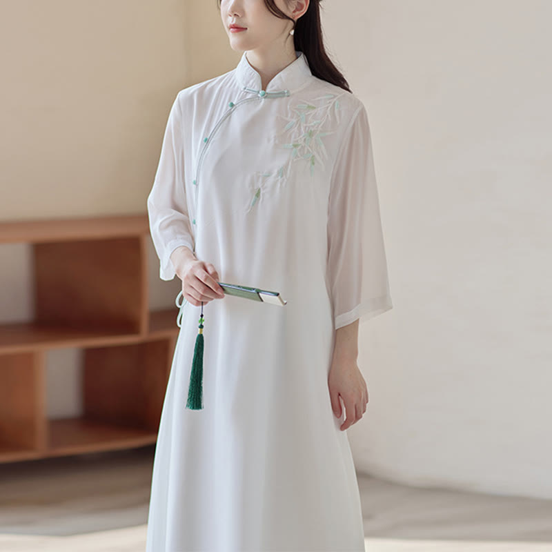 Buddha Stonesの竹製チャイナドレス ミディドレス ワイドレッグパンツ 瞑想 スピリチュアル 禅 練習着 - チャイナドレス(ドレスのみ) - US8-10,UK/AU12-14,EU40-42 (2XL) - image 11