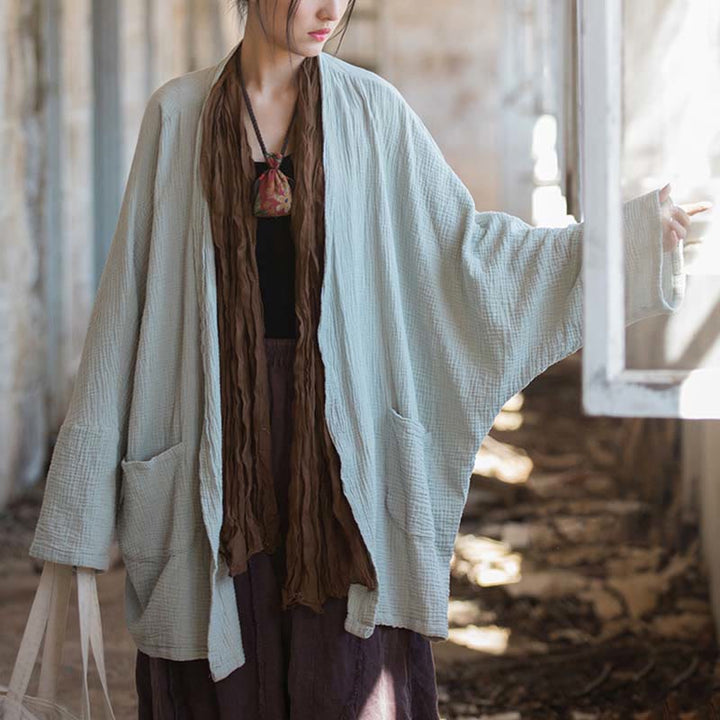 Buddha Stonesの無地デザイン長袖コート 禅瞑想 オープンフロントトップ コットンジャケット - image 14