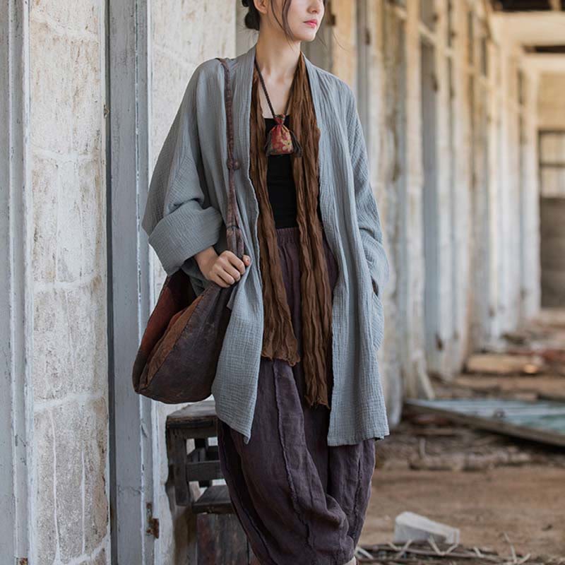 Buddha Stonesの無地デザイン長袖コート 禅瞑想 オープンフロントトップ コットンジャケット - image 23