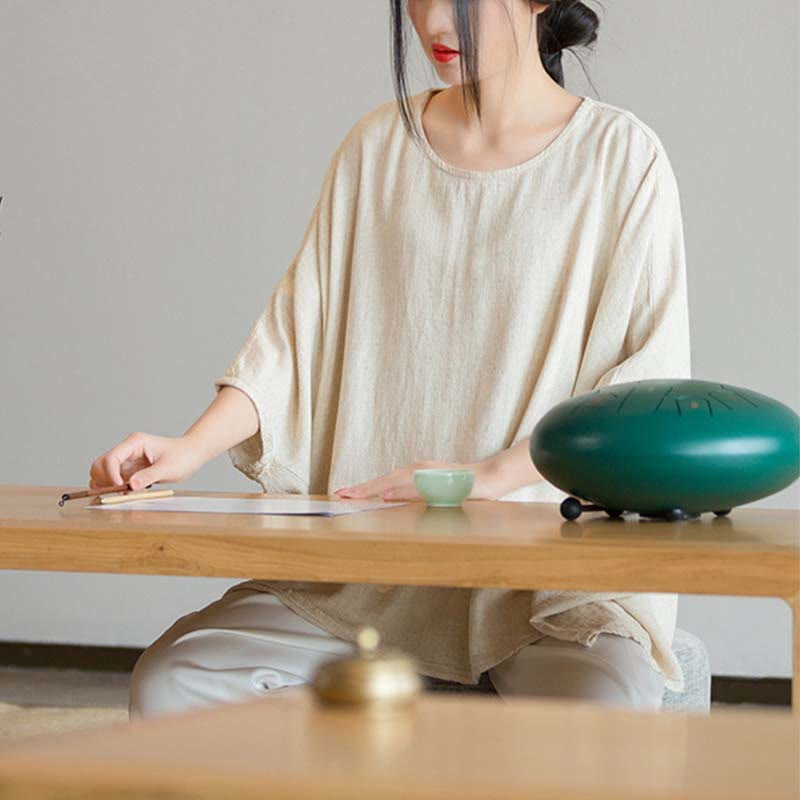 Buddha Stones無地 七分袖 トップス ルーズTシャツ - image 1