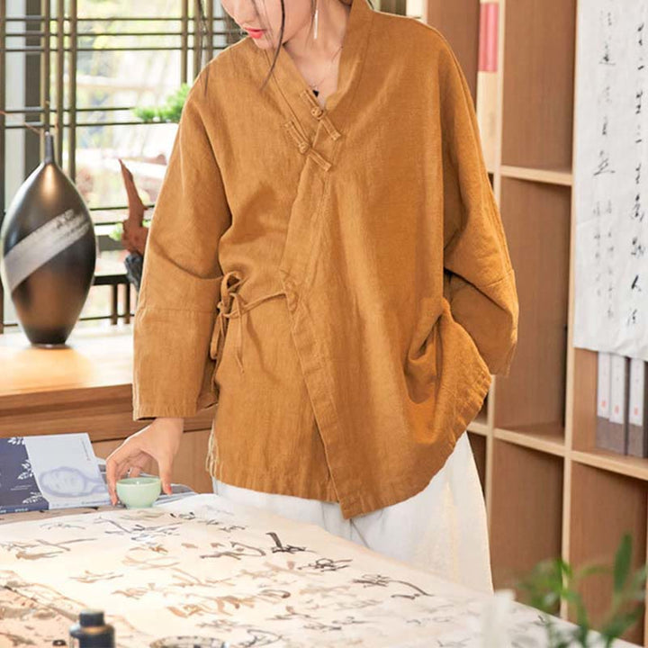 Buddha Stonesカエルボタン漢服デザイン長袖コート禅瞑想オープンフロントトップジャケット - image 10