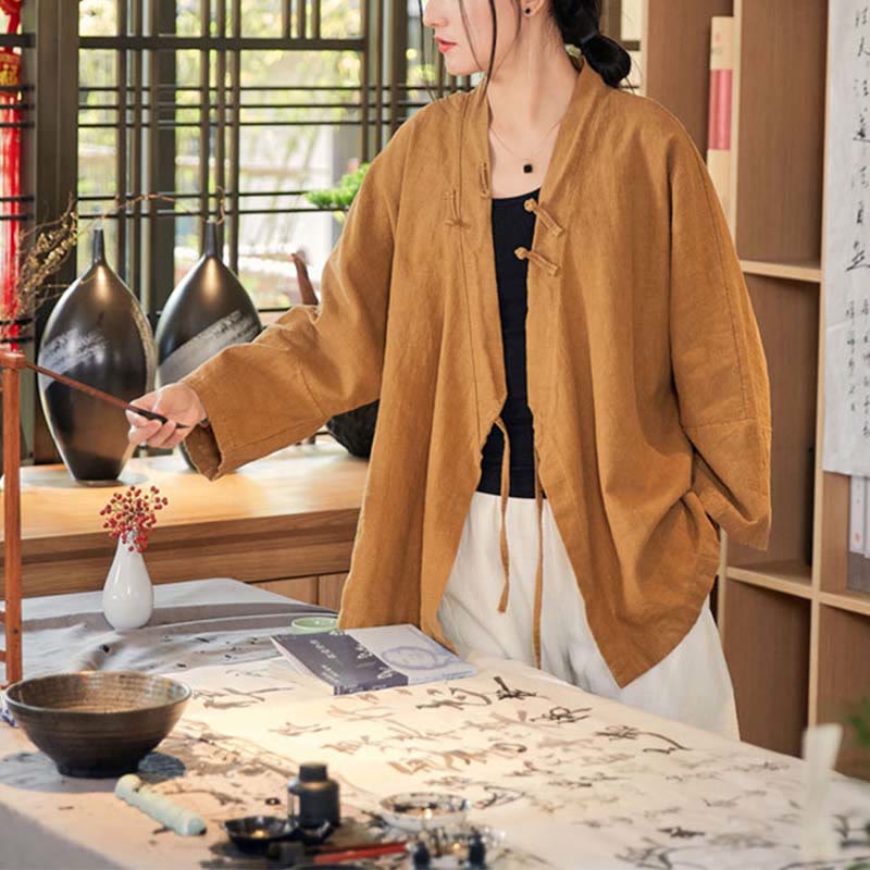 Buddha Stonesカエルボタン漢服デザイン長袖コート禅瞑想オープンフロントトップジャケット - image 9