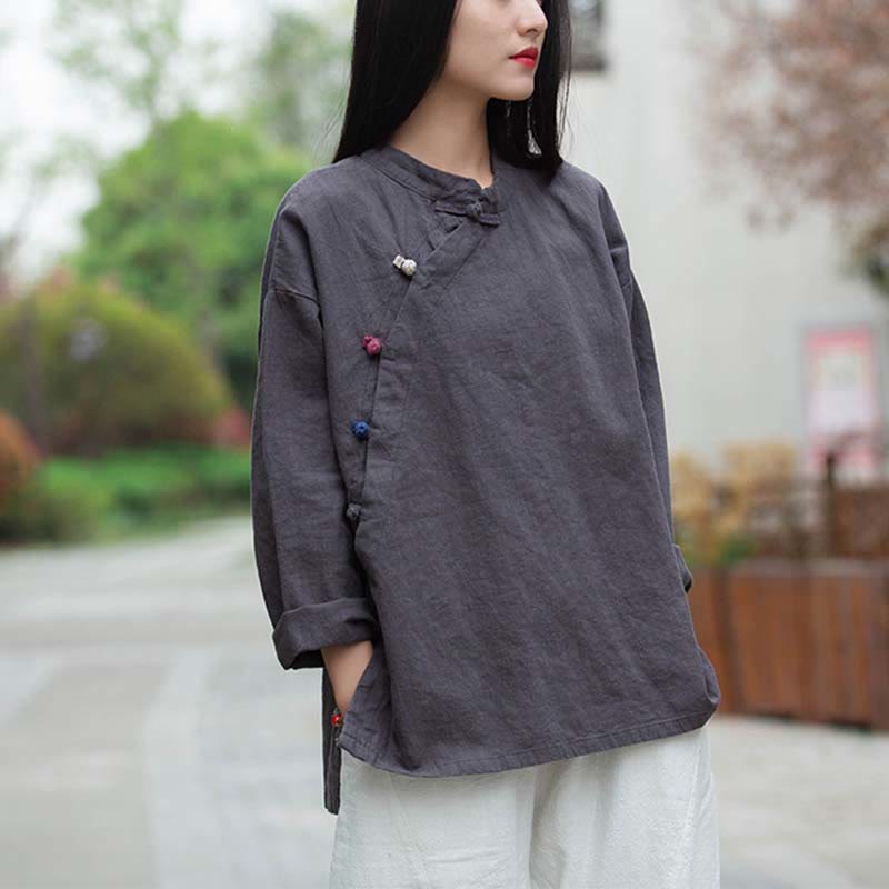 Buddha Stonesラミーリネンブラウスレディースシャツトップス中国漢服スタイル - グレー(バスト120cm)(トップスのみ) - image 0