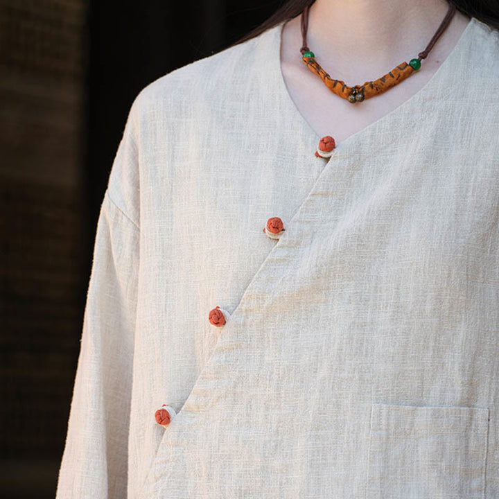 Buddha Stones無地ラミーリネンゆったりブラウス長袖シャツ中国漢服トップス - image 8