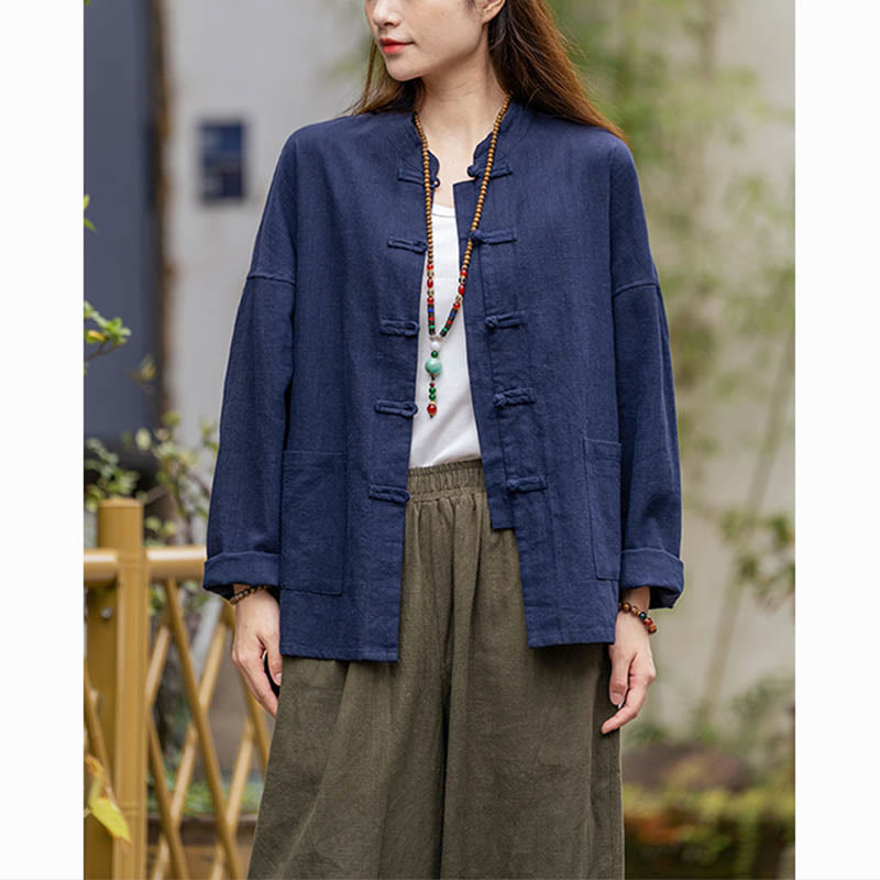 Buddha Stonesカエルボタンデザインシャツ 太極拳瞑想用トップス ラミーリネンジャケット