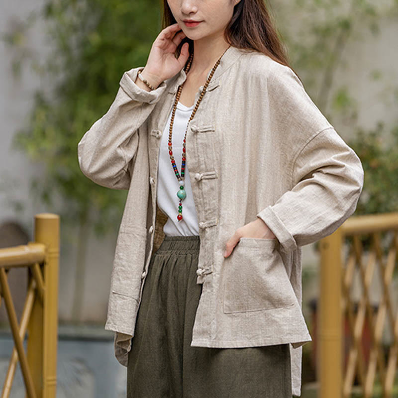 Buddha Stonesカエルボタンデザインシャツ 太極拳瞑想用トップス ラミーリネンジャケット