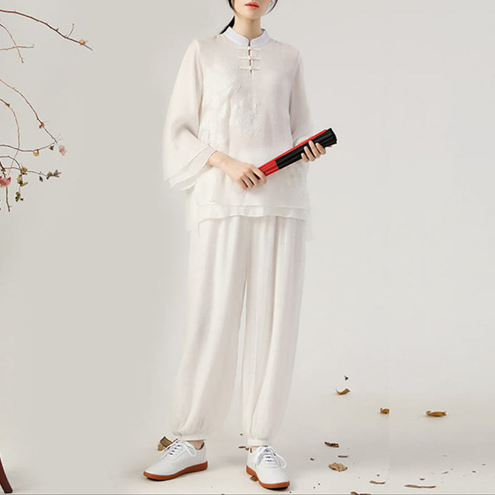 Buddha Stones 2点セット 長袖 カエルボタン 瞑想 祈り 禅 練習 太極拳 ユニフォーム 衣類 レディース セット