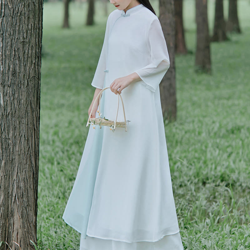 Buddha Stones七分袖シフォンチャイナドレス ミディ丈 ワイドレッグパンツ 瞑想 禅 練習着