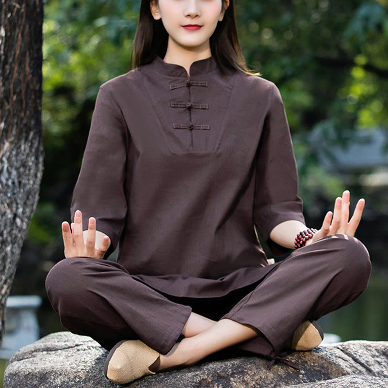 Buddha Stones 2点セット 半袖シャツ トップパンツ 瞑想 禅 太極拳 コットンリネン 衣類 レディース セット - ブラウン(トップス&パンツ) - US8-10,UK/AU12-14,EU40-42 (2XL) - image 22