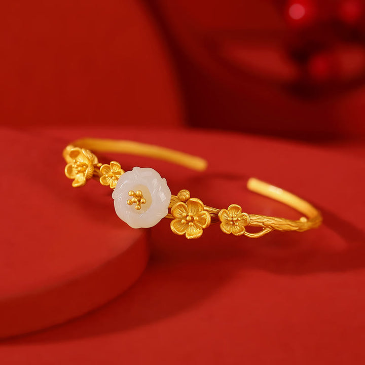 Buddha Stones 925スターリングシルバーメッキゴールド和田翡翠梅花幸運ネックレスペンダントブレスレットバングルリング - ブレスレット(内周14cm) - image 7