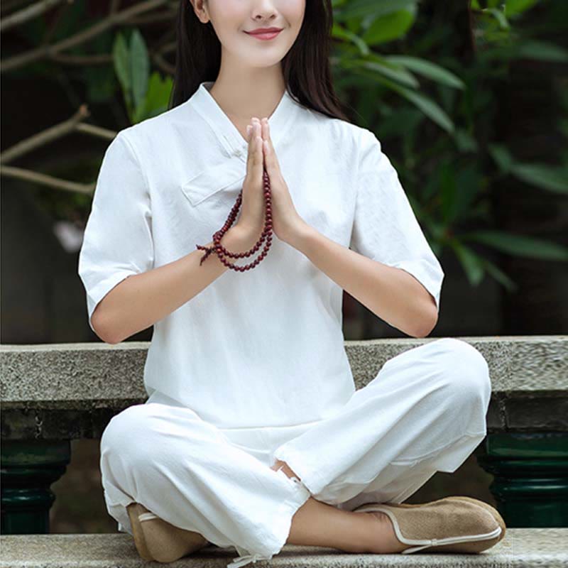 Buddha Stones 2点セット 半袖 Vネック シャツ トップパンツ 瞑想 禅 太極拳 リネン ウェア レディース セット - ホワイト(トップス&パンツ) - US8-10,UK/AU12-14,EU40-42 (2XL) - image 3