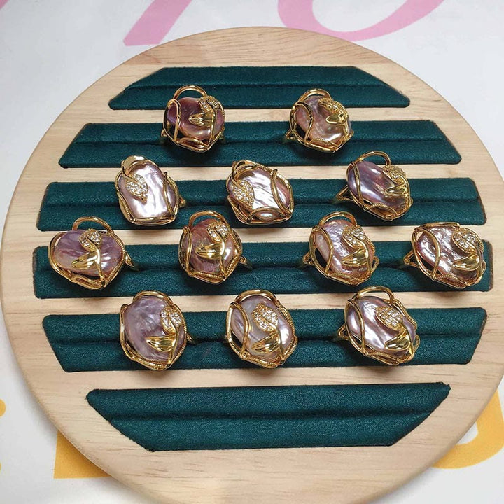 Buddha Stonesパール銅メッキゴールドフラワー幸福富リング