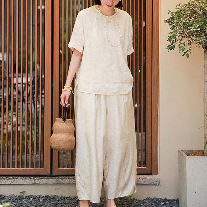 Buddha Stonesラミーリネンゆったりブラウス半袖シャツ中国風トップス