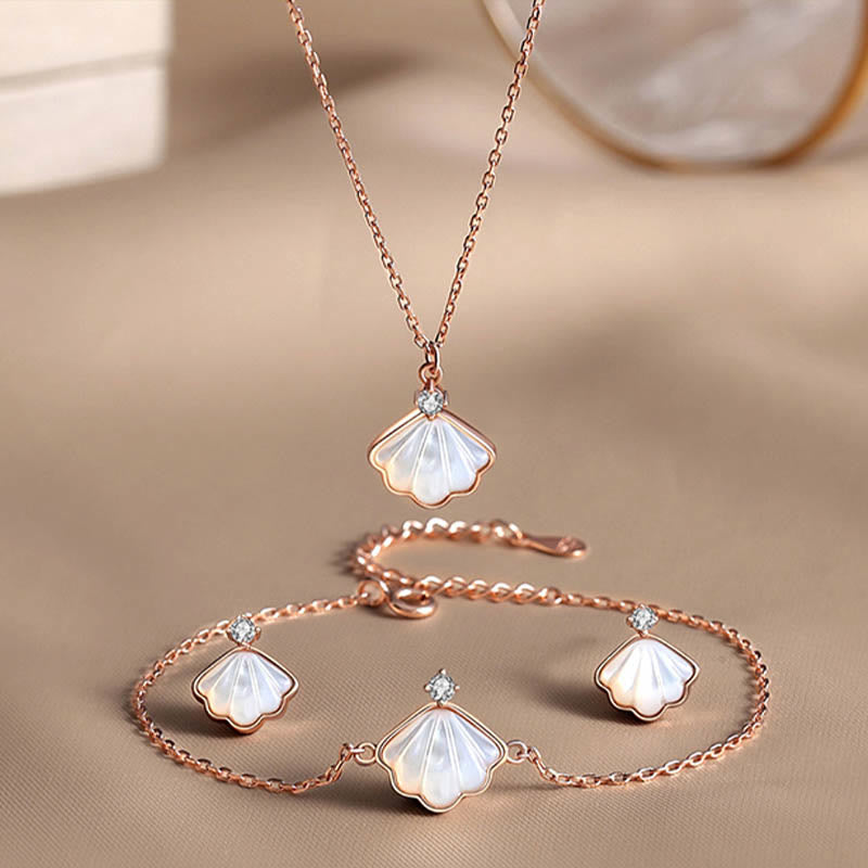 Buddha Stones 925スターリングシルバー シャコガイ ストーンシェル 祝福ネックレス ペンダント ブレスレット イヤリング ジュエリーセット - ローズゴールド - 3点(ネックレス、ブレスレット、イヤリング) - image 0
