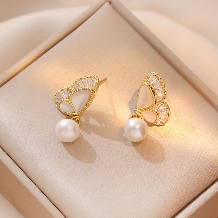 Buddha Stonesシャコガイ 石 パールビーズ バタフライ ヒーリングネックレス ペンダント イヤリングセット