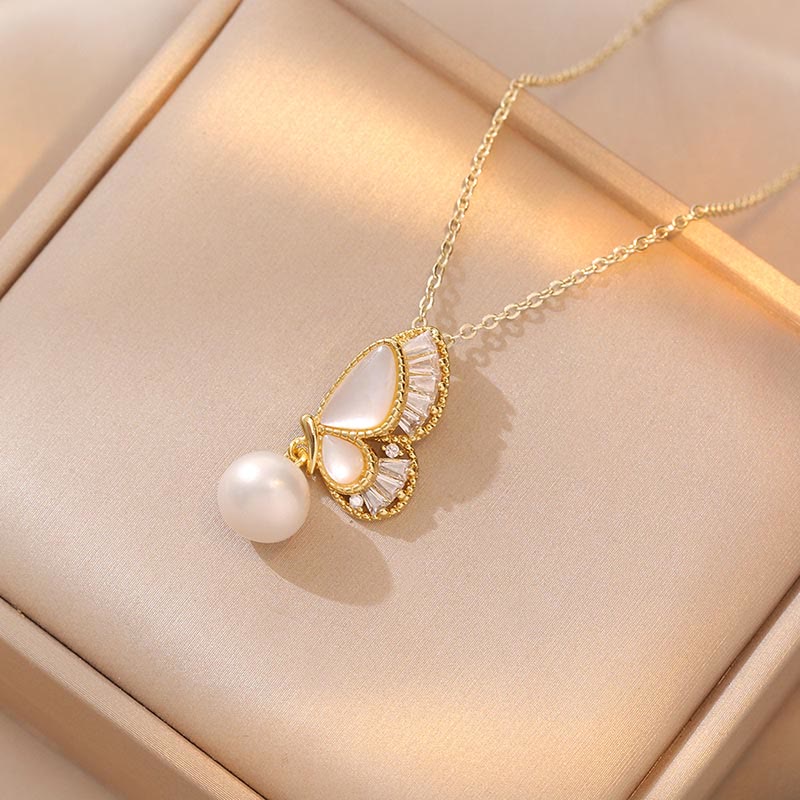 Buddha Stonesシャコガイ 石 パールビーズ バタフライ ヒーリングネックレス ペンダント イヤリングセット