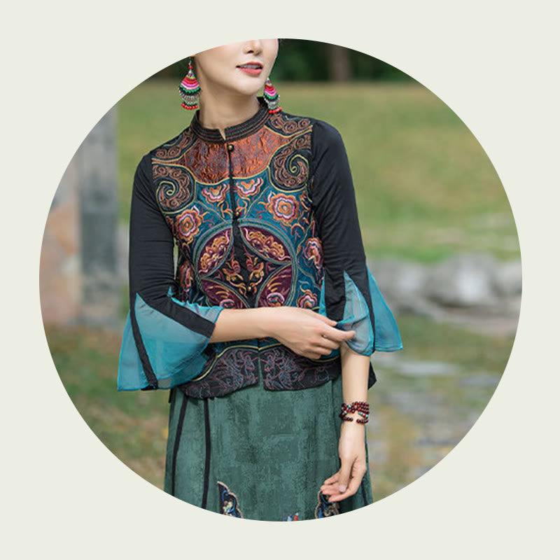 Buddha Stonesヴィンテージスタイル刺繍花唐装デザインノースリーブベスト - image 16