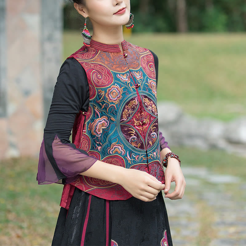 Buddha Stonesヴィンテージスタイル刺繍花唐装デザインノースリーブベスト - image 18