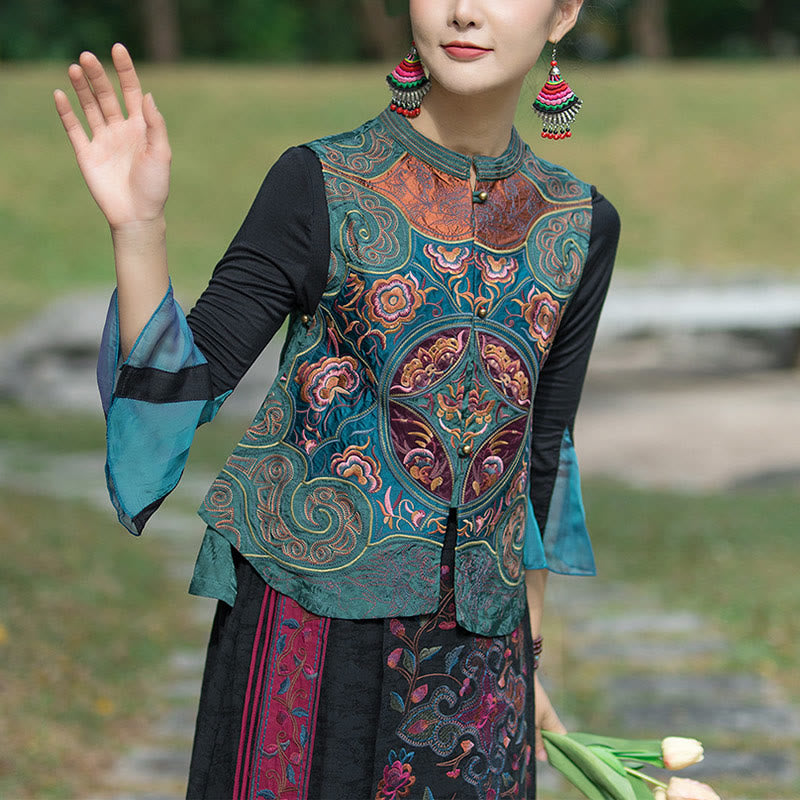 Buddha Stonesヴィンテージスタイル刺繍花唐装デザインノースリーブベスト - image 1