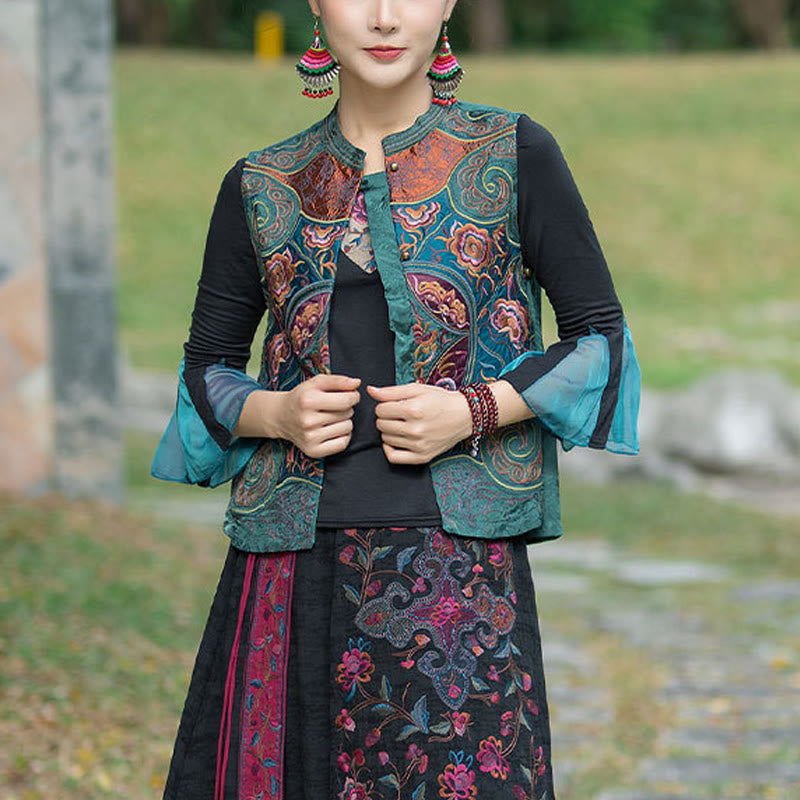 Buddha Stonesヴィンテージスタイル刺繍花唐装デザインノースリーブベスト - グリーン(ベストのみ) - 2XL(バスト100cm/肩幅40cm/着丈59cm) - image 0