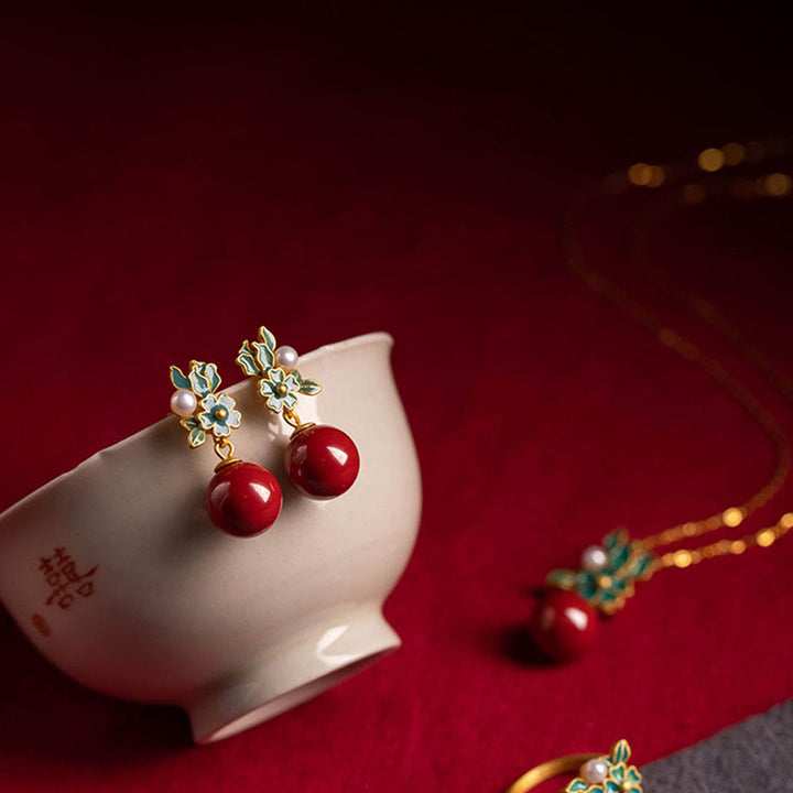 Buddha Stones 925スターリングシルバーメッキゴールドシナバーパールフラワーブレッシングネックレスペンダントイヤリングリングセット