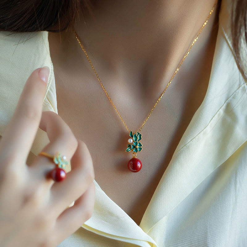 Buddha Stones 925スターリングシルバーメッキゴールドシナバーパールフラワーブレッシングネックレスペンダントイヤリングリングセット