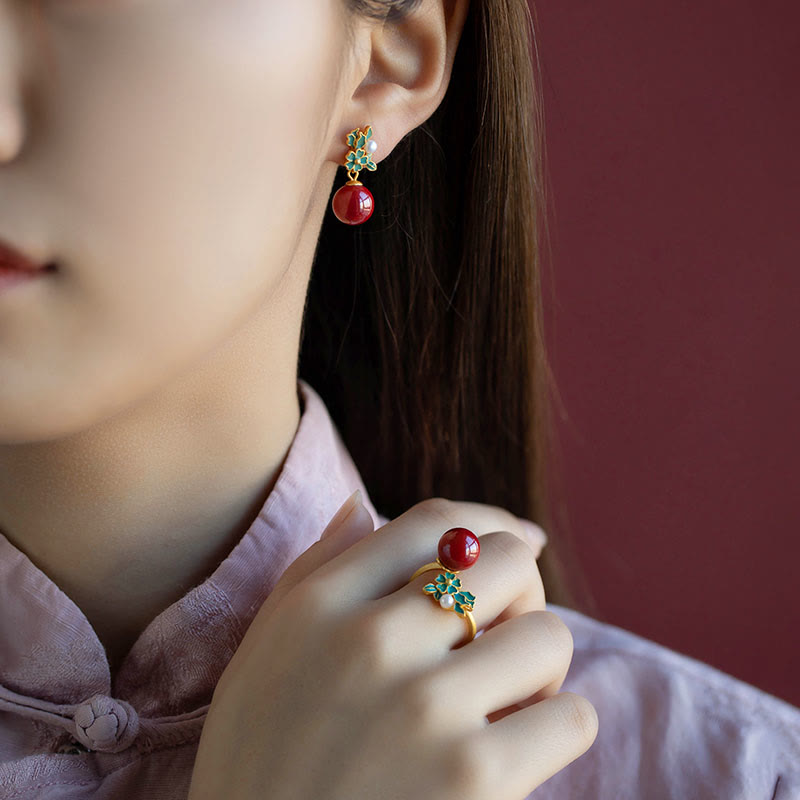 Buddha Stones 925スターリングシルバーメッキゴールドシナバーパールフラワーブレッシングネックレスペンダントイヤリングリングセット