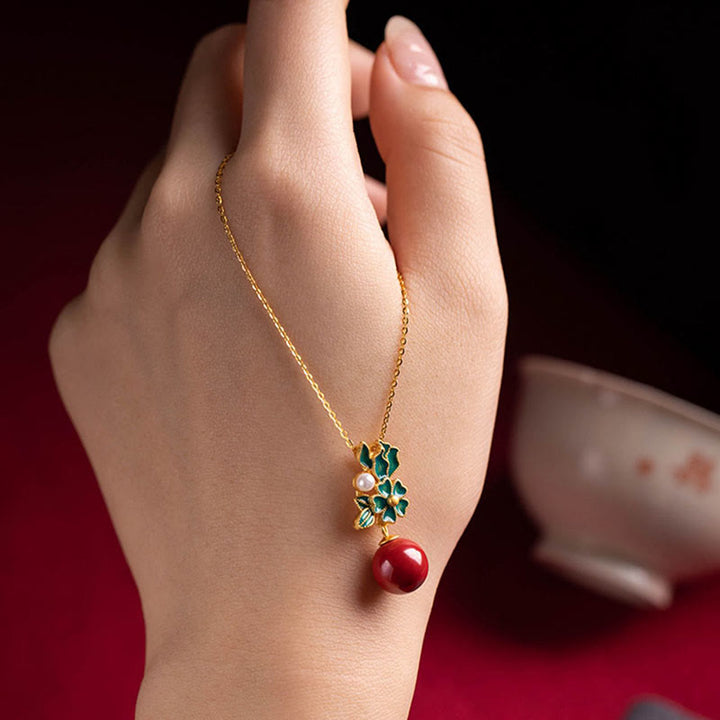 Buddha Stones 925スターリングシルバーメッキゴールドシナバーパールフラワーブレッシングネックレスペンダントイヤリングリングセット