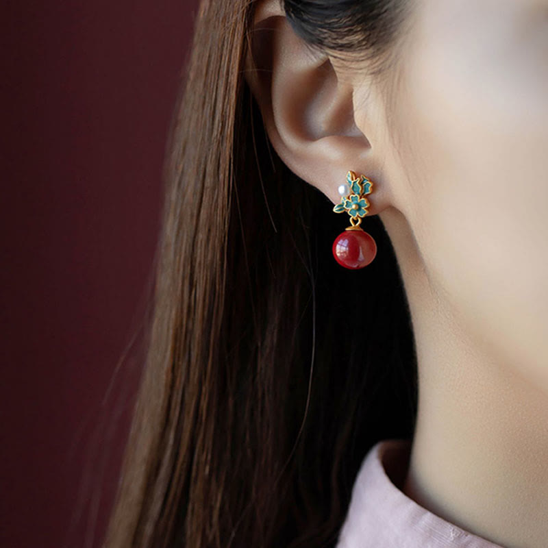 Buddha Stones 925スターリングシルバーメッキゴールドシナバーパールフラワーブレッシングネックレスペンダントイヤリングリングセット