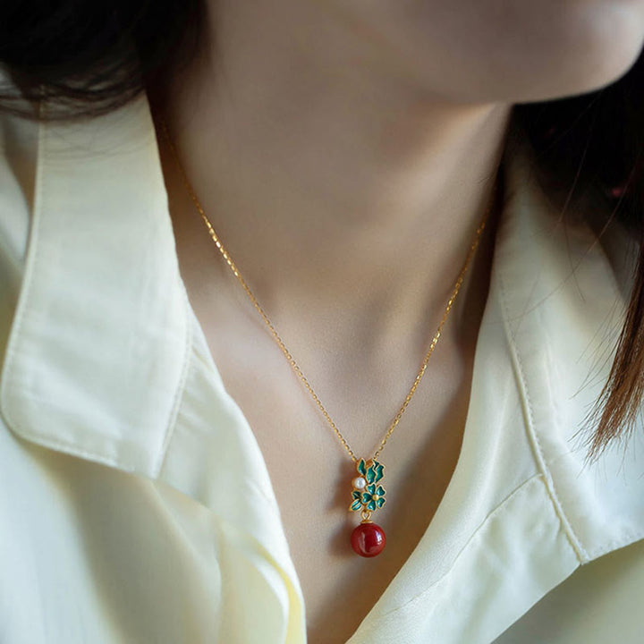 Buddha Stones 925スターリングシルバーメッキゴールドシナバーパールフラワーブレッシングネックレスペンダントイヤリングリングセット