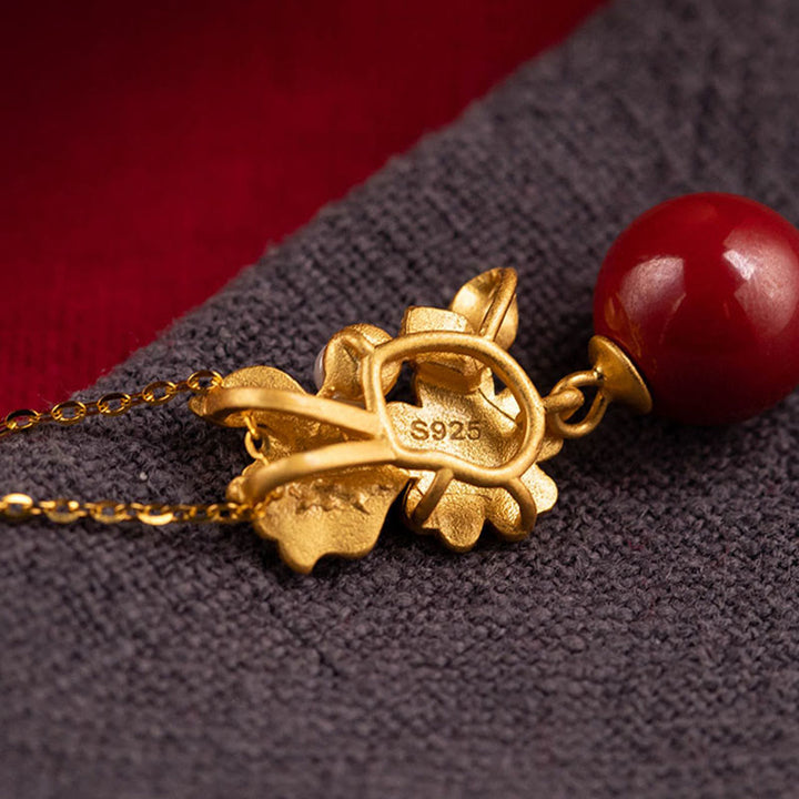 Buddha Stones 925スターリングシルバーメッキゴールドシナバーパールフラワーブレッシングネックレスペンダントイヤリングリングセット