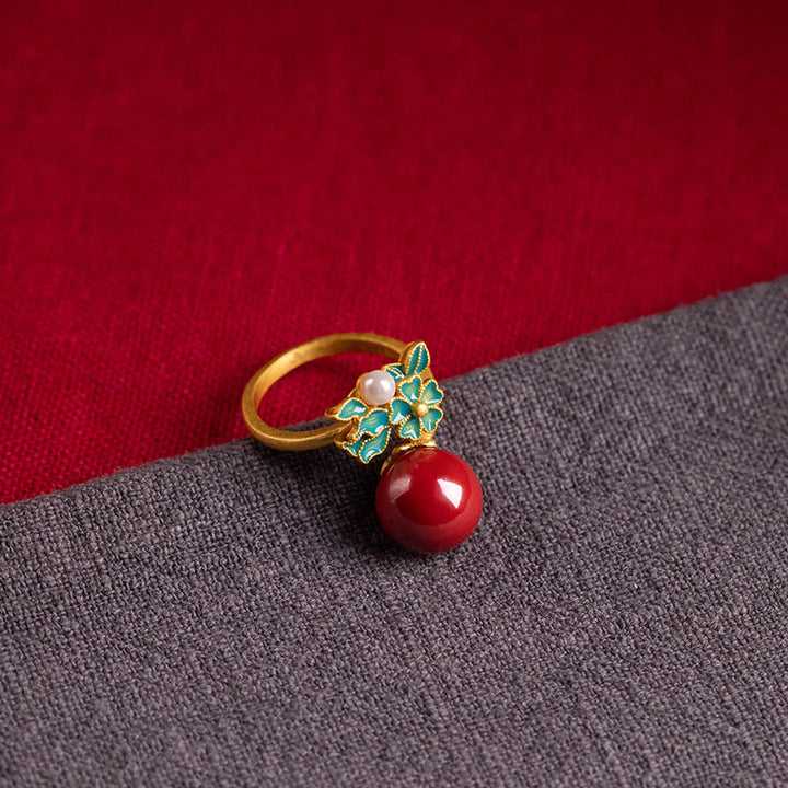 Buddha Stones 925スターリングシルバーメッキゴールドシナバーパールフラワーブレッシングネックレスペンダントイヤリングリングセット