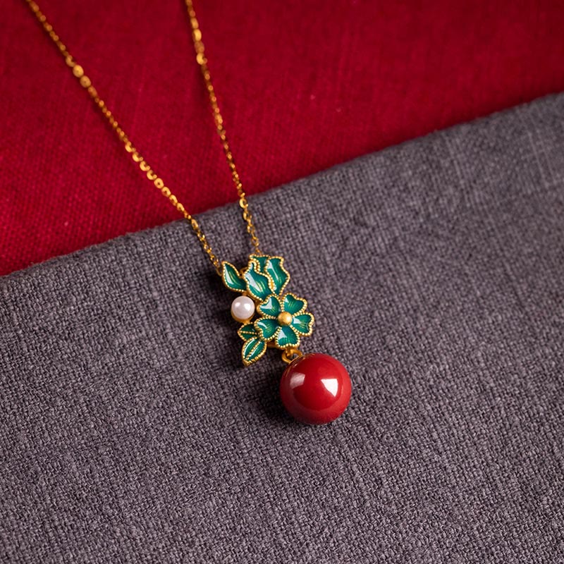 Buddha Stones 925スターリングシルバーメッキゴールドシナバーパールフラワーブレッシングネックレスペンダントイヤリングリングセット